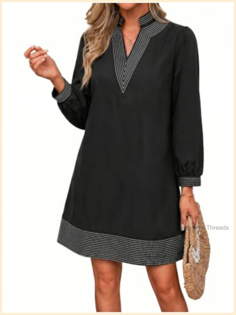 Puff Long Sleeve V Neck Mini Shift Dress Striped Trim Pockets